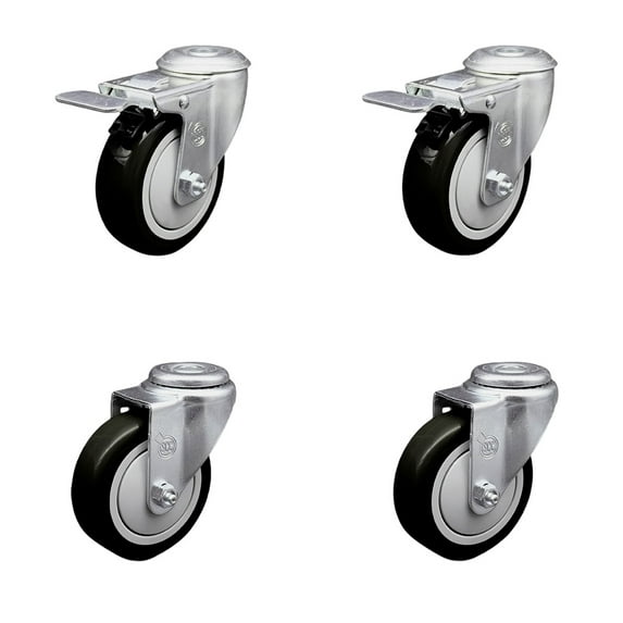 4 Inch Black Polyurethane Swivel Bolt Hole Caster Set with 2 Total Lock Brake