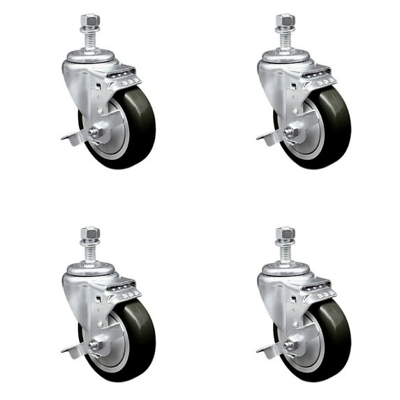 4 Inch Black Polyurethane Swivel ½ Inch Threaded Stem Caster Set with Brake SCC