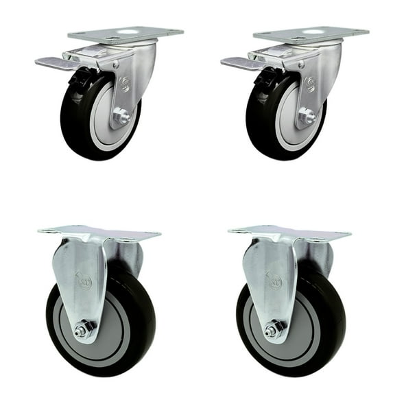 4 Inch Black Polyurethane Swivel Top Plate Caster Set 2 Lock Brakes 2 Rigid SCC