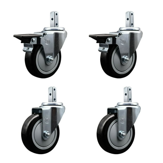4 Inch Black Polyurethane Wheel Swivel 3/4 Inch Square Stem Caster Set 2 Brakes