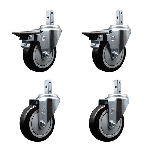 4 Inch Black Polyurethane Wheel Swivel 3/4 Inch Square Stem Caster Set 2 Brakes