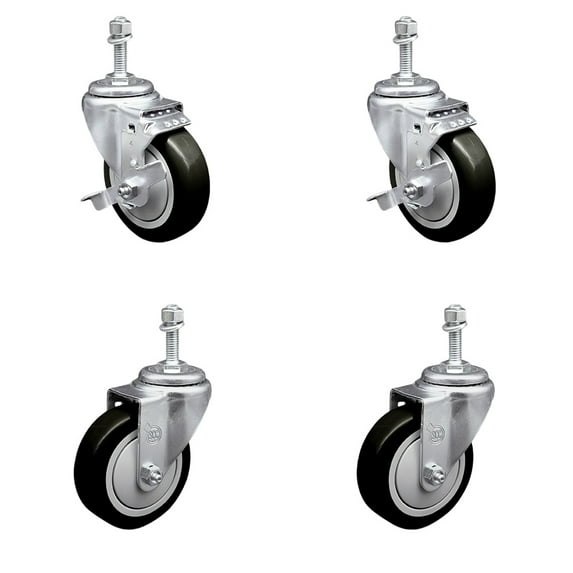 4 Inch Black Polyurethane Wheel Swivel 3/8 Inch Threaded Stem Caster Set 2 Brake