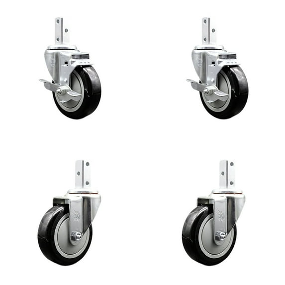 4 Inch Black Polyurethane Wheel Swivel 7/8 Inch Square Stem Caster Set 2 Brakes