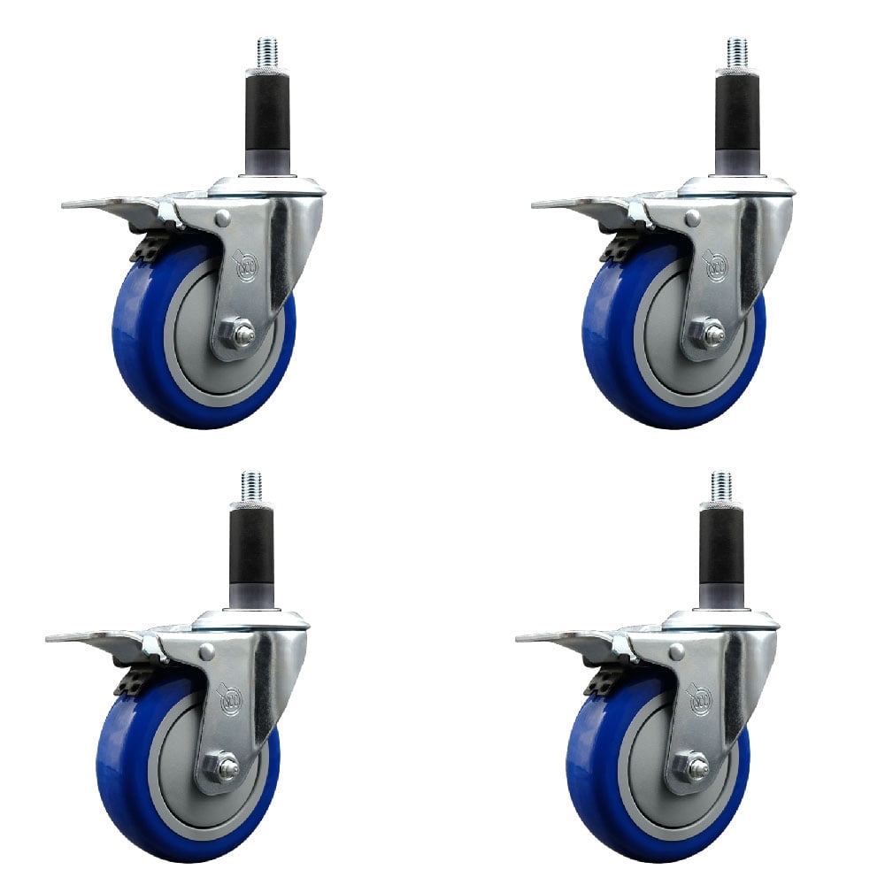 4 Inch Blue Poly Swivel 1-1/8 Inch Expanding Stem Caster Set Total Lock ...