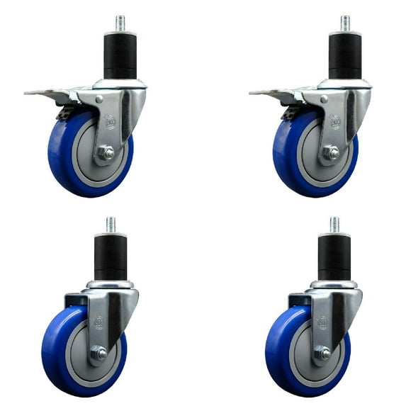 4 Inch Blue Poly Swivel 1-3/4 Inch Expanding Stem Caster Set 2 Total Lock Brakes