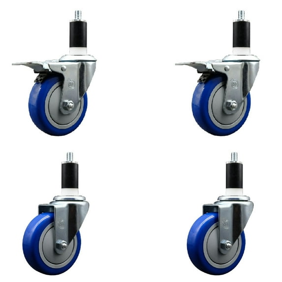 4 Inch Blue Poly Swivel 1-3/8 Inch Expanding Stem Caster Set 2 Total Lock Brakes