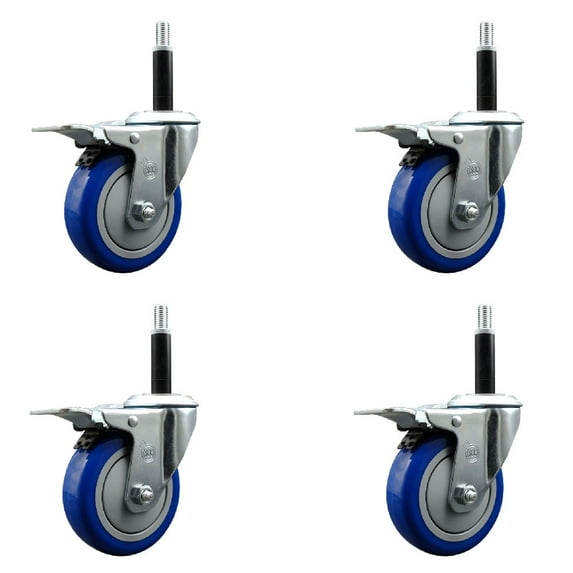 4 Inch Blue Poly Swivel 3/4 Inch Expanding Stem Caster Set Total Lock Brake