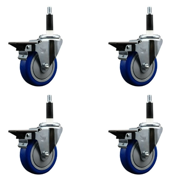 4 Inch Blue Poly Swivel 7/8 Inch Expanding Stem Caster Set with Brake SCC