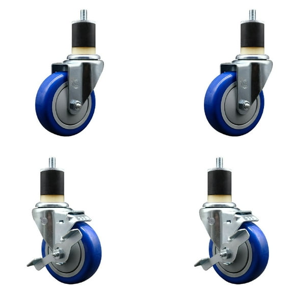 4 Inch Blue Poly Wheel Swivel 1-7/8 Inch Expanding Stem Caster Set 2 Brakes SCC