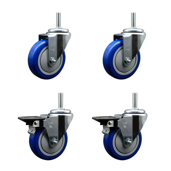 4 Inch Blue Poly Wheel Swivel 3/4 Inch Threaded Stem Caster Set 2 Brakes