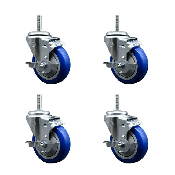 4 Inch Blue Poly Wheel Swivel 3/4 Inch Threaded Stem Caster Set with Brake
