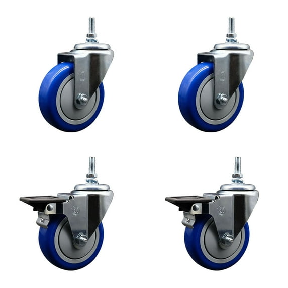 4 Inch Blue Polyurethane 12MM Threaded Stem Caster Set 2 Brakes SCC