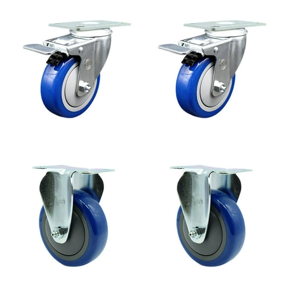 4 Inch Blue Polyurethane Swivel Top Plate Caster Set 2 Lock Brakes 2 Rigid SCC