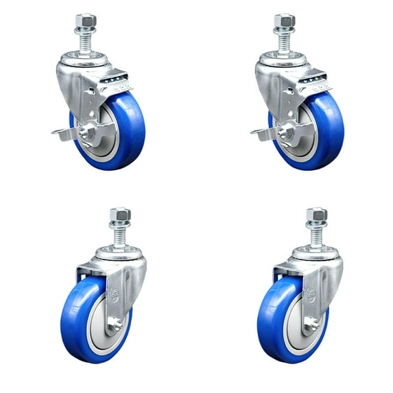 4 Inch Blue Polyurethane Wheel Swivel 12mm Threaded Stem Caster Set 2 Brake