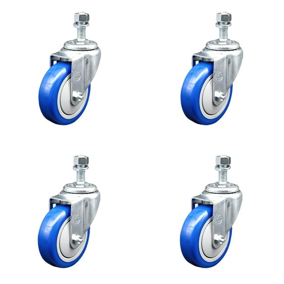 4 Inch Blue Polyurethane Wheel Swivel 12mm Threaded Stem Caster Set SCC