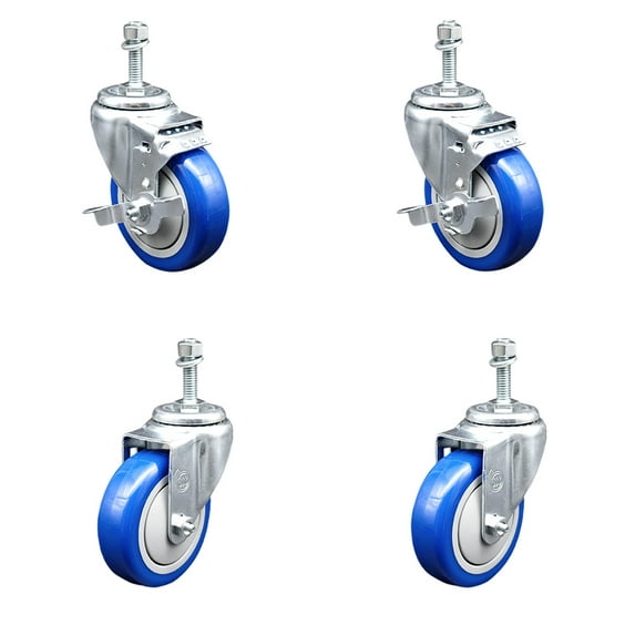 4 Inch Blue Polyurethane Wheel Swivel 3/8 Inch Threaded Stem Caster Set 2 Brake