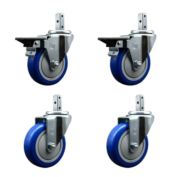 4 Inch Blue Polyurethane Wheel Swivel 7/8 Inch Square Stem Caster Set 2 Brakes
