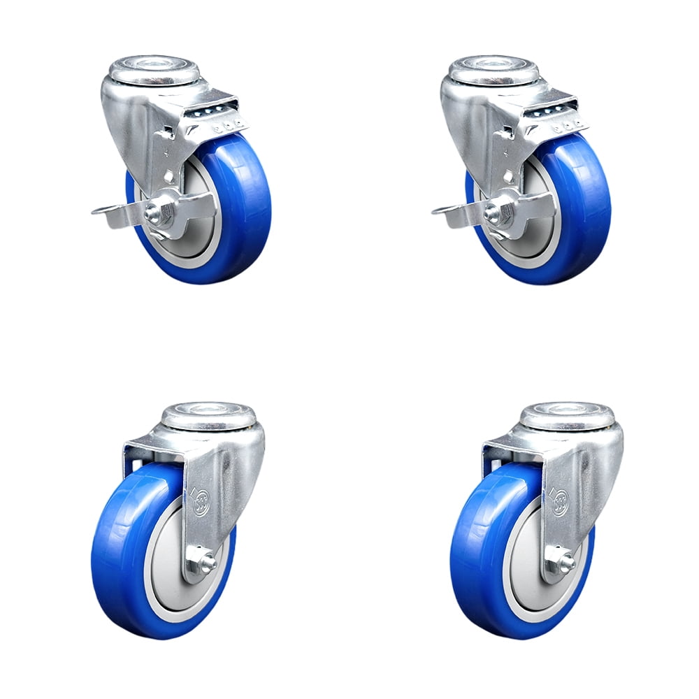 4 Inch Blue Polyurethane Wheel Swivel Bolt Hole Caster Set with 2 Brake ...