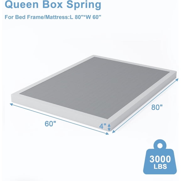 4 Inch Box Spring for Queen Bed Base, Low  Metal Queen Size Box Spring with Fabric Cover, 3000 Lbs Max Weight Capacity Mattress Foundation, Noise-Free, Easy Assembly