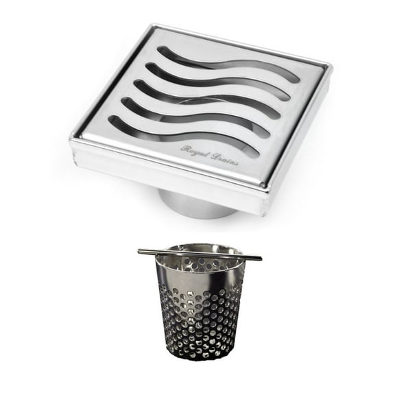 4 Inch Brushed Nickel Square Shower Drain with Hair Trap Set (4 Designs)