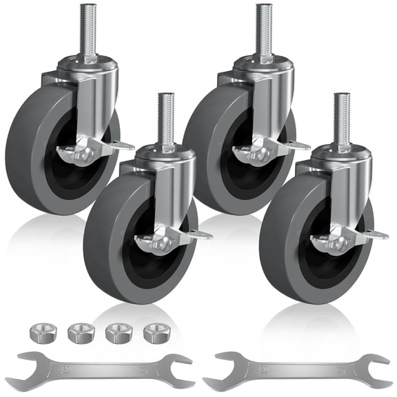 4 Inch Caster Wheels, 1/2" -13 x 1-1/2" Locking Threaded Stem Set of with Side Brake, Non Marking Industrial Screw in Casters Heavy Duty TPE Swivel Castors for Dolly Cart, Wire Shelving