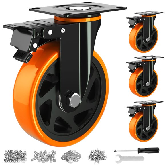 4 Inch Caster Wheels, Casters Set of 4, Heavy Duty Casters with Brake 2200 Lbs, Locking Industrial Swivel Top Plate Casters Wheels for Furniture and Workbench Cart(Two Hardware Kits Include)