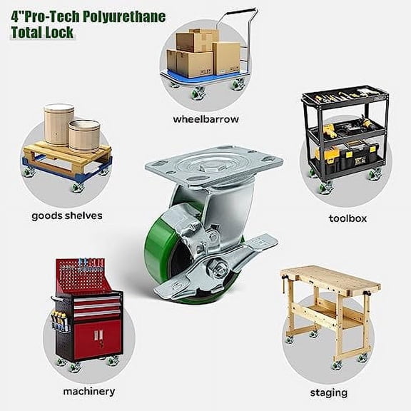 4 Inch Caster Wheels Heavy Duty, Polyurethane Industrial Casters Set of 4 Load 3200lbs, Plate Caster for Carts, Dollies, Racks, Industrial Equipment(2 Brake & 2 Swivel)