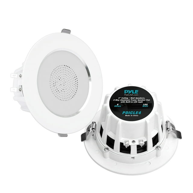 4 Inch Ceiling / Wall Speakers, 2-Way Aluminum Frame Speaker Pair with Built-in LED Light