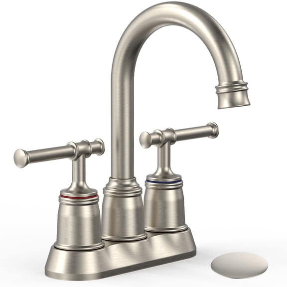 4 Inch Centerset Bathroom Faucet for 3 Hole Widespread Basin, Dual Handle Lavatory Tap with 360 Swivel Spout & Pop Up Drain Supply Hose, Brushed Nickel