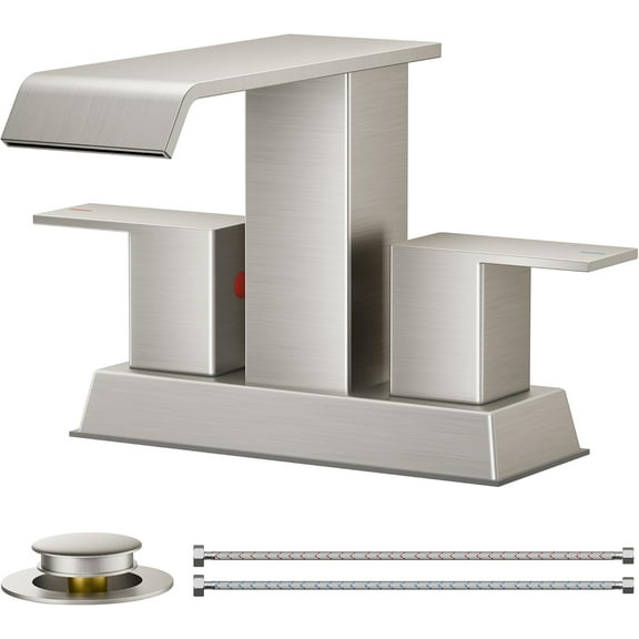 4 Inch Centerset Bathroom Sink Faucet 2 or 3 Hole Brushed Nickle Double Handle, Waterfall Bathroom Faucets with Metal Pop Up Drain and Flexible Hose, Suitable for Vanity RV Restroom Remodel
