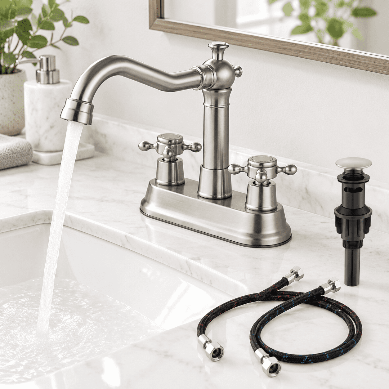 4 Inch Centerset Bathroom Sink Faucet, Nickel Faucet Handle without ...