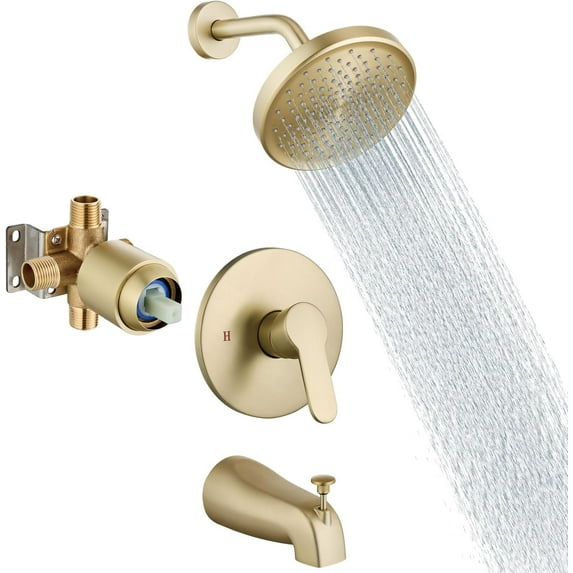 Tub Shower Faucet Set With Valve Wall Mount Shower Trim Kit 6 Inch Bathtub Fixtures Rough-in Valve Single-Spray Shower Head System 5.3 Inch Tub Spout Brushed Gold Modern