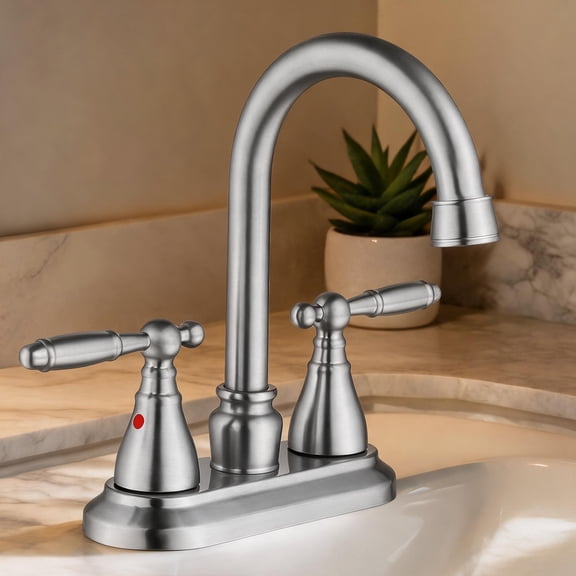 4 Inch Centerset High Arc Bathroom Sink Faucet Classic Style Brushed Nickel Metal Construction