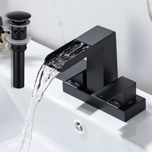 4 Inch Centerset Waterfall Bathroom Faucet 2 Handle 3 Hole Basin Faucets with Pop Up Drain with Overflow Lavatory Mixer Tap Vanity Faucet Matte Black