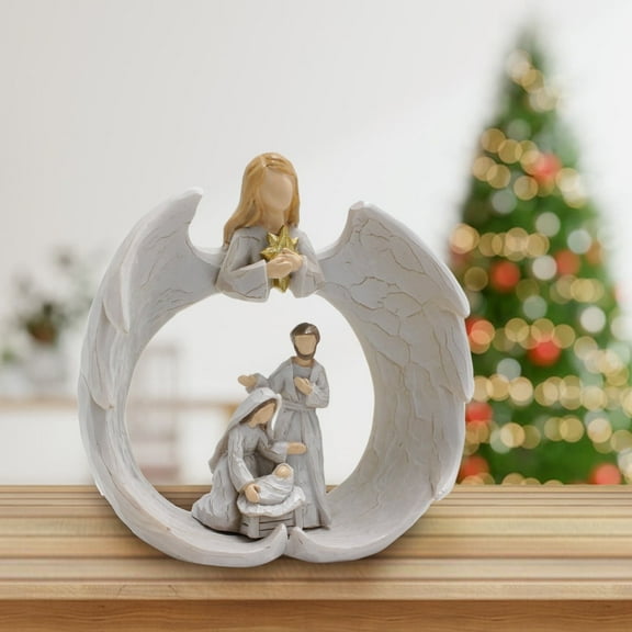 4-Inch Christmas Holy Family with Guardian Angel Resin Nativity Sculpture Little Jesus Figurine Religious Decoration