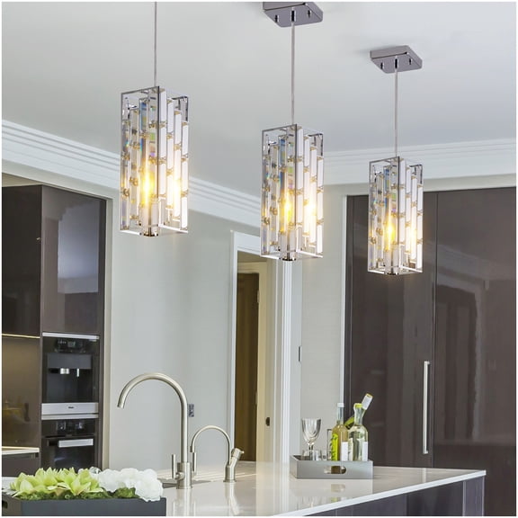 4 Inch Crystal Prism Pendant Light 3 Pack, Chrome Finish Adjustable Hard-Wired Ceiling Hanging Lighting Fixture