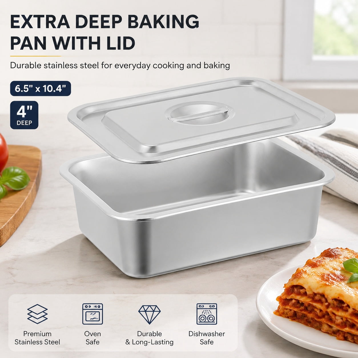 4 Inch Deep Lasagna Baking Pan with Lid, 8.4x12 Inch Stainless Steel ...