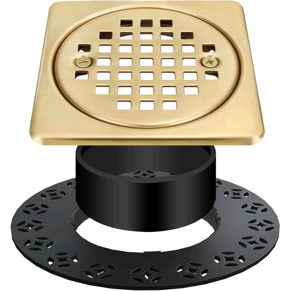 4 Inch Drain Grate Kit,Compatible with Schluter Kerdi Drain Flange, CUPC Certification,Square Shower Floor Drain SS304 Stainless Steel and ABS Material,Height Adjustment Collar and Ring-Brushed Gold