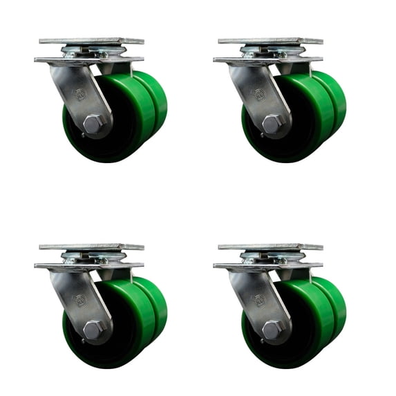 4 Inch Dual Green Poly on Cast Iron Wheels Swivel Caster Set with Ball Bearings