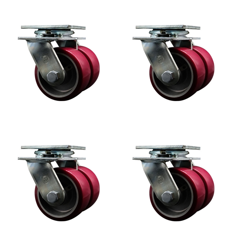 4 Inch Dual Poly on Aluminum Wheels Swivel Caster Set with Roller Bearings SCC