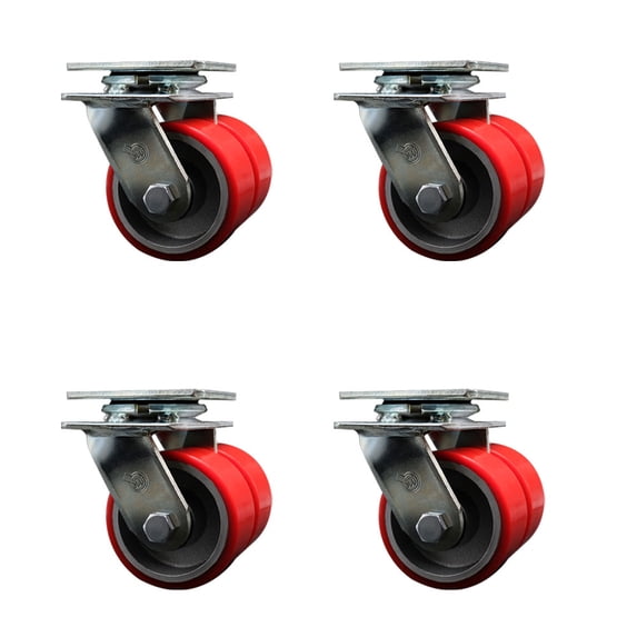 4 Inch Dual Red Poly on Cast Iron Wheels Swivel Caster Set with Ball ...