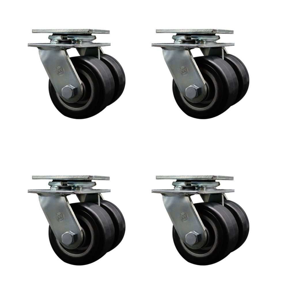 4 Inch Dual Rubber on Aluminum Wheels Swivel Caster Set with Roller Bearings SCC