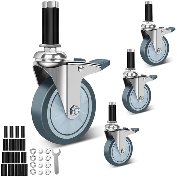 4 Inch Expanding Stem Casters Set of 4, Wheels for Wire Shelving Racks with Locking Brake,Swivel Casters Fit 7/8", 1", 1-1/8",1-3/8" Tube Leg for Furniture, Kitchen Cart, Table Legs