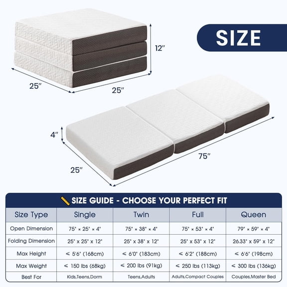 4 Inch Foldable Memory Foam Mattress Topper with Storage Bag for Travel Camping RV