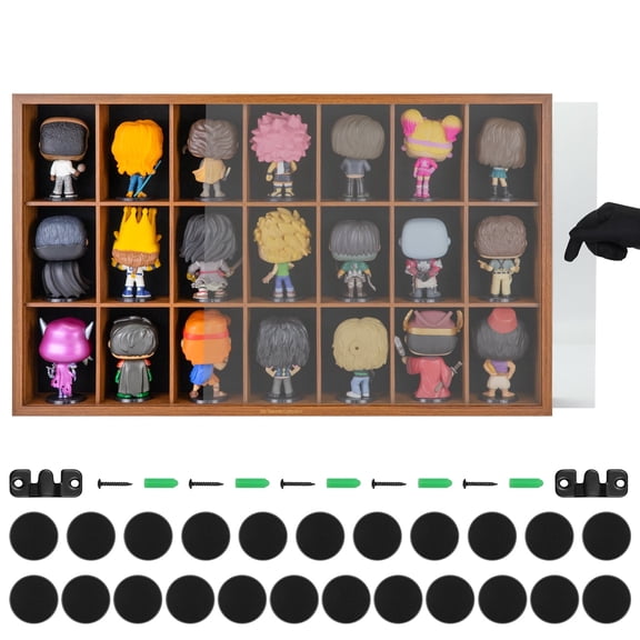 4 Inch Fuko Pop Doll Figure Display Case Storage Box with 21 Compartments Wooden Wall -Mounted Dustproof Cabinet Box