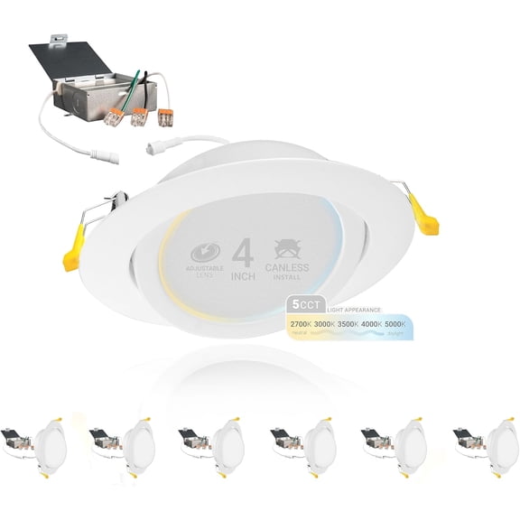 4 Inch Gimbal LED Recessed Lighting, 5CCT 2700K/3000K/3500K/4000K/5000K Selectable, 630 Lumen, Dimmable, Adjustable Canless Eyeball Lights for Sloped Ceilings, Metal Junction Box, 6 Pack