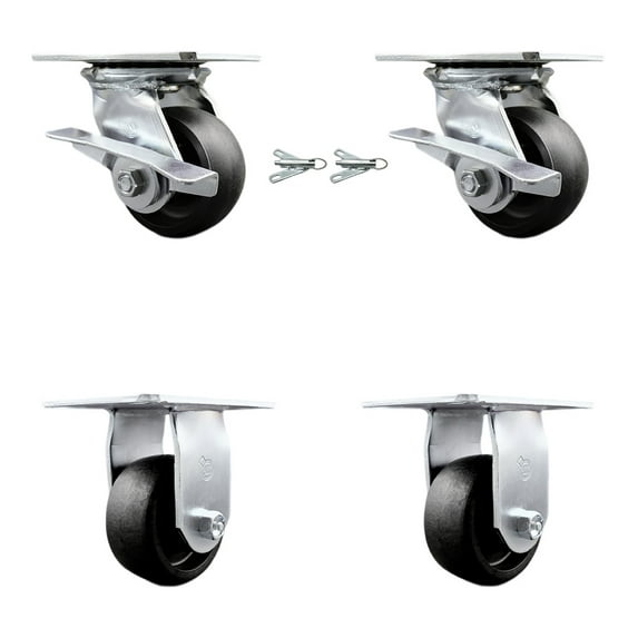 4 Inch Glass Filled Nylon Caster Set 2 Brakes/Swivel Locks and 2 Rigid SCC