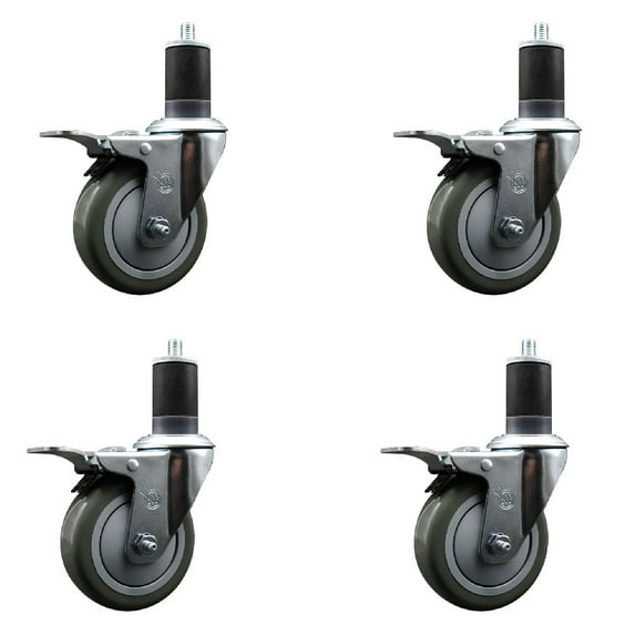 4 Inch Gray Poly Swivel 1-5/8 Inch Expanding Stem Caster Set Total Lock Brake