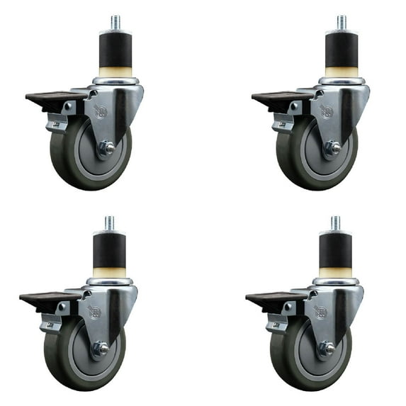 4 Inch Gray Poly Swivel 1-7/8 Inch Expanding Stem Caster Set with Brake SCC