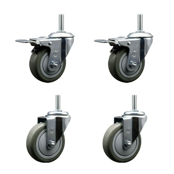 4 Inch Gray Poly Swivel 3/4 Inch Threaded Stem Caster Set 2 Total Lock Brakes
